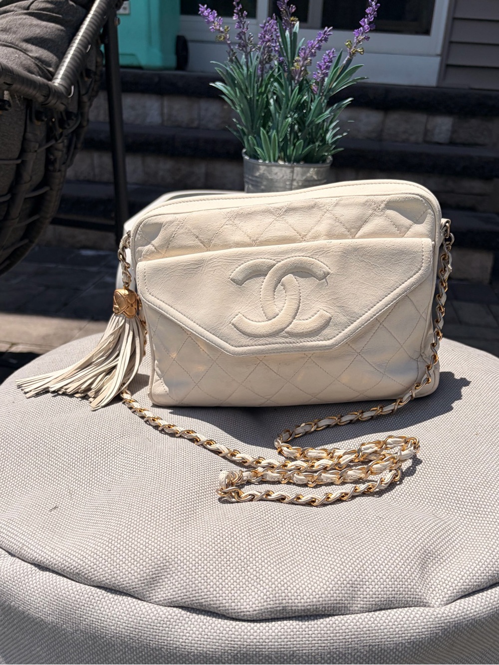 CHANEL Cream Quilted Leather Crossbody Camera Bag with Tassel